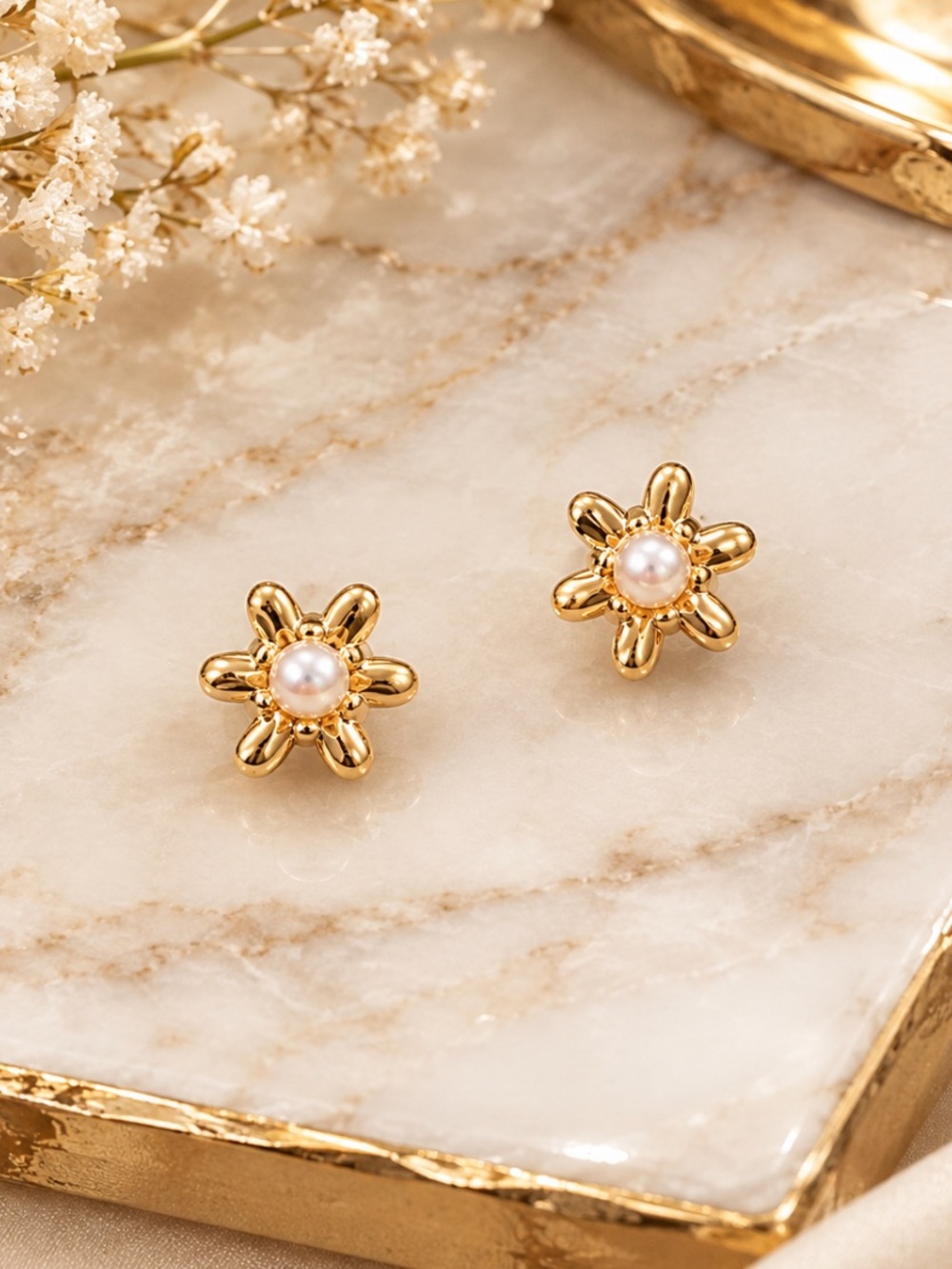 Puffy Flower Pearl Stud Earrings